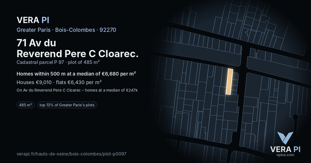 71 Av du Reverend Pere C Cloarec, Bois-Colombes at night – the plot lit, the parcels around coloured by the prices near them