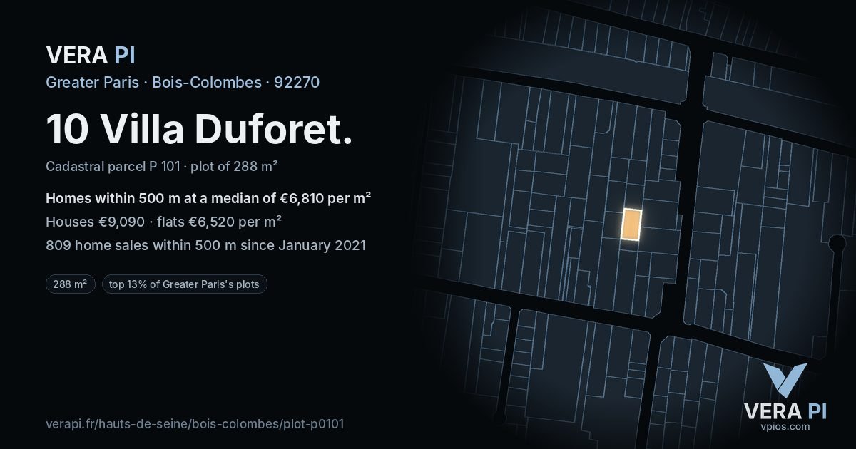 10 Villa Duforet, Bois-Colombes at night – the plot lit, the parcels around coloured by the prices near them