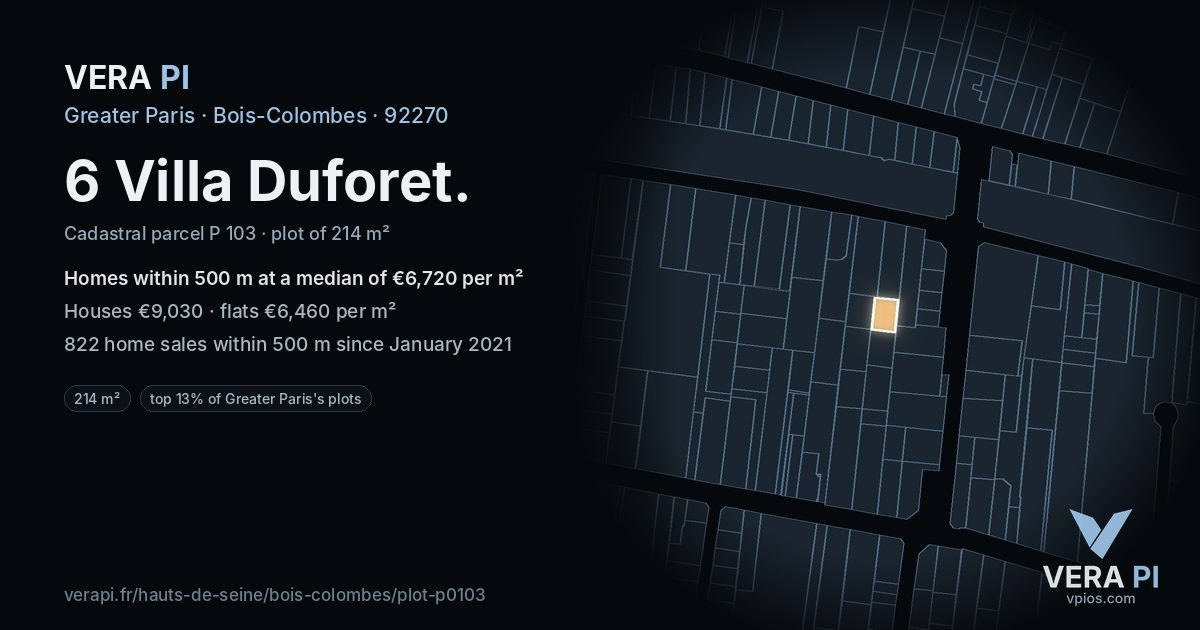 6 Villa Duforet, Bois-Colombes at night – the plot lit, the parcels around coloured by the prices near them