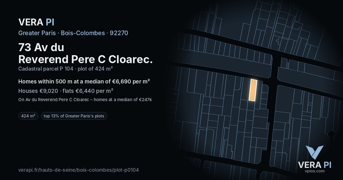 73 Av du Reverend Pere C Cloarec, Bois-Colombes at night – the plot lit, the parcels around coloured by the prices near them