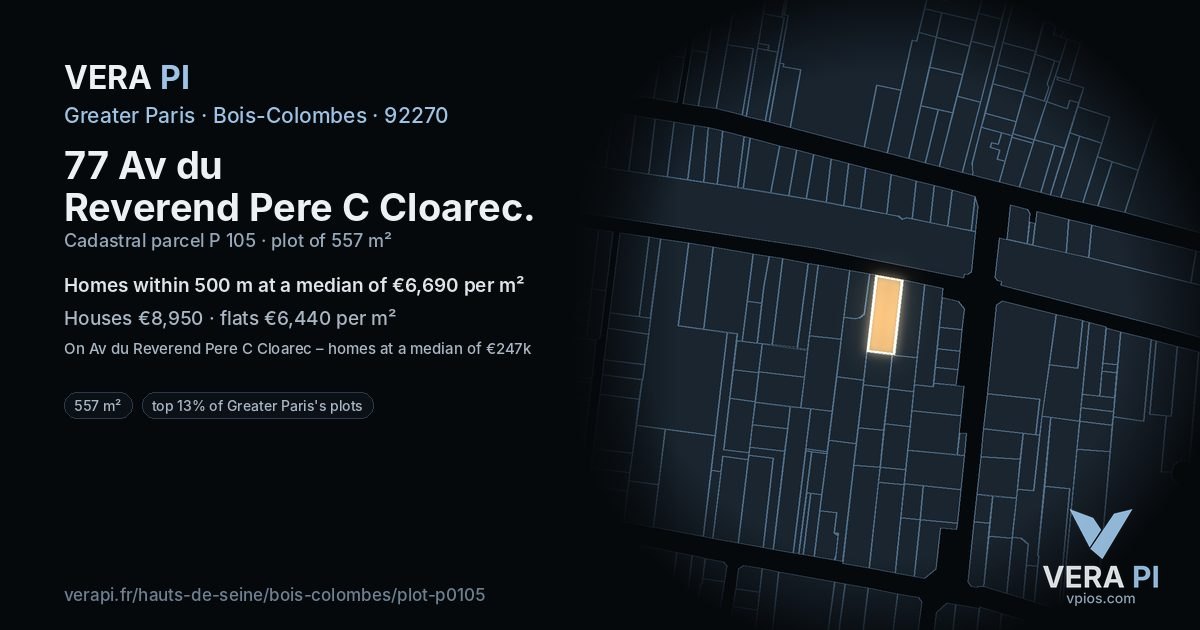 77 Av du Reverend Pere C Cloarec, Bois-Colombes at night – the plot lit, the parcels around coloured by the prices near them