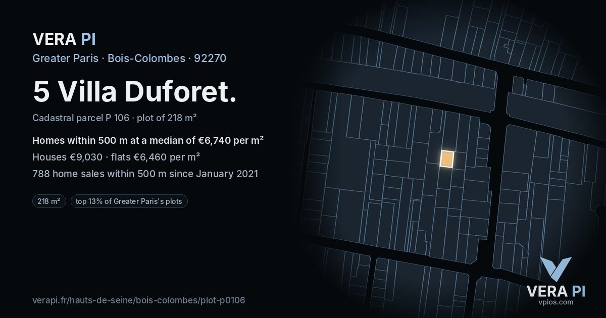 5 Villa Duforet, Bois-Colombes at night – the plot lit, the parcels around coloured by the prices near them