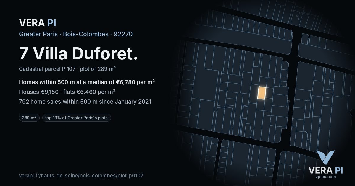 7 Villa Duforet, Bois-Colombes at night – the plot lit, the parcels around coloured by the prices near them