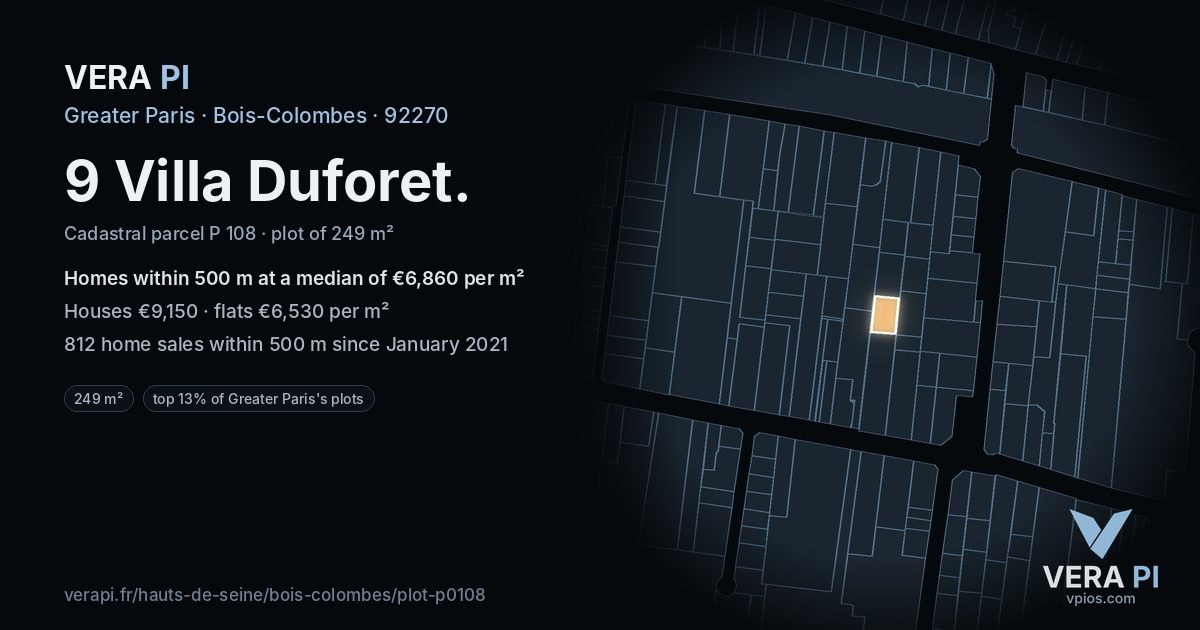 9 Villa Duforet, Bois-Colombes at night – the plot lit, the parcels around coloured by the prices near them