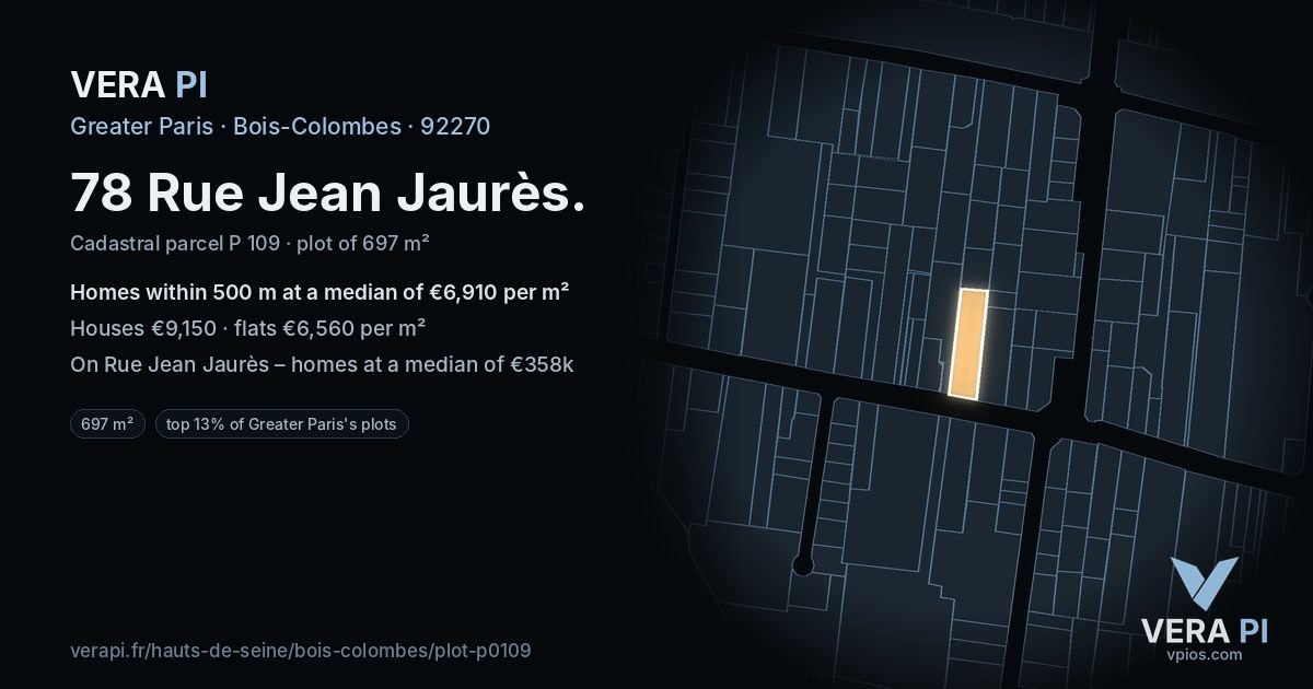78 Rue Jean Jaurès, Bois-Colombes at night – the plot lit, the parcels around coloured by the prices near them