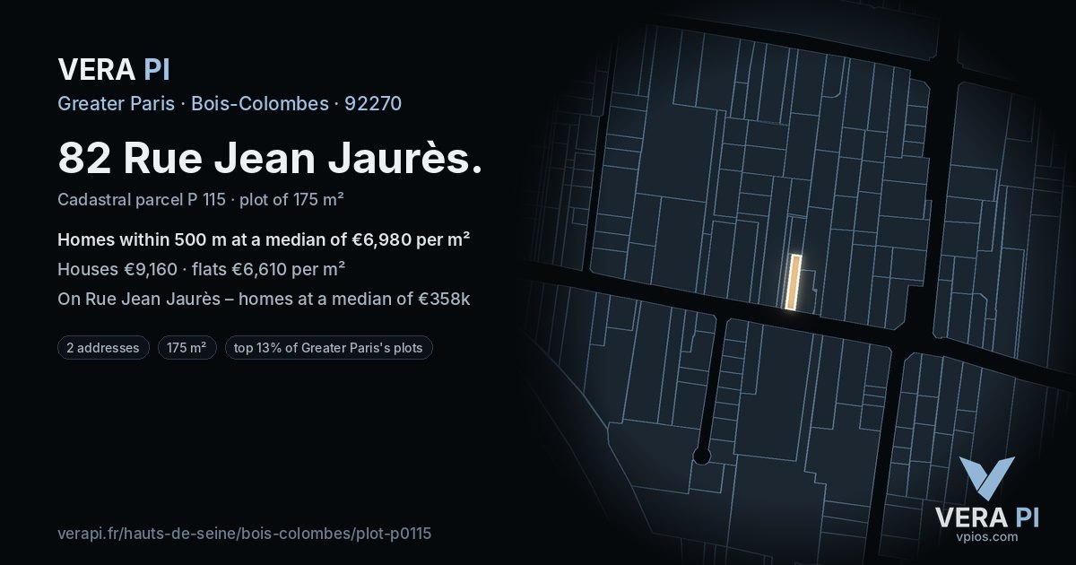 82 Rue Jean Jaurès, Bois-Colombes at night – the plot lit, the parcels around coloured by the prices near them