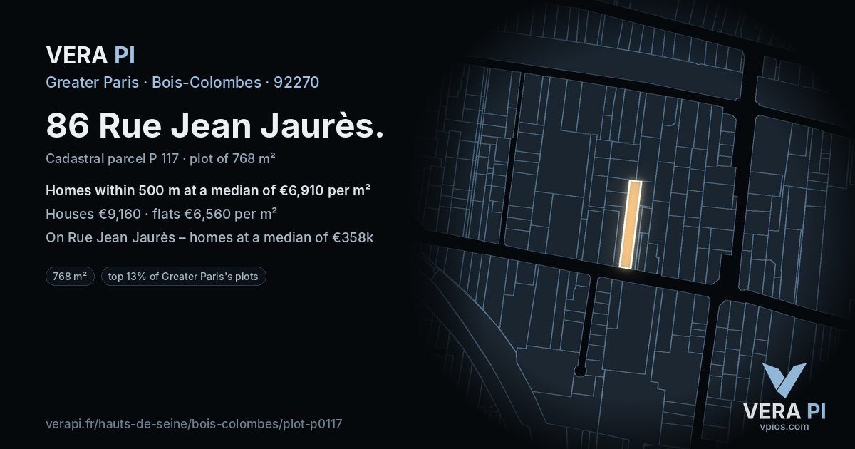 86 Rue Jean Jaurès, Bois-Colombes at night – the plot lit, the parcels around coloured by the prices near them