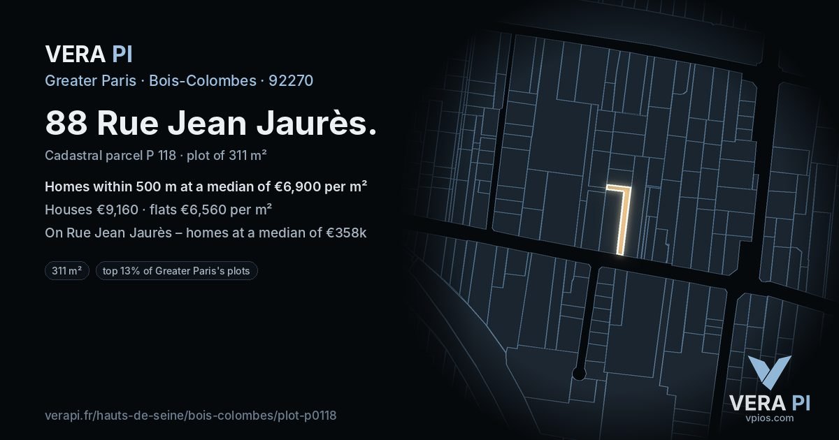 88 Rue Jean Jaurès, Bois-Colombes at night – the plot lit, the parcels around coloured by the prices near them