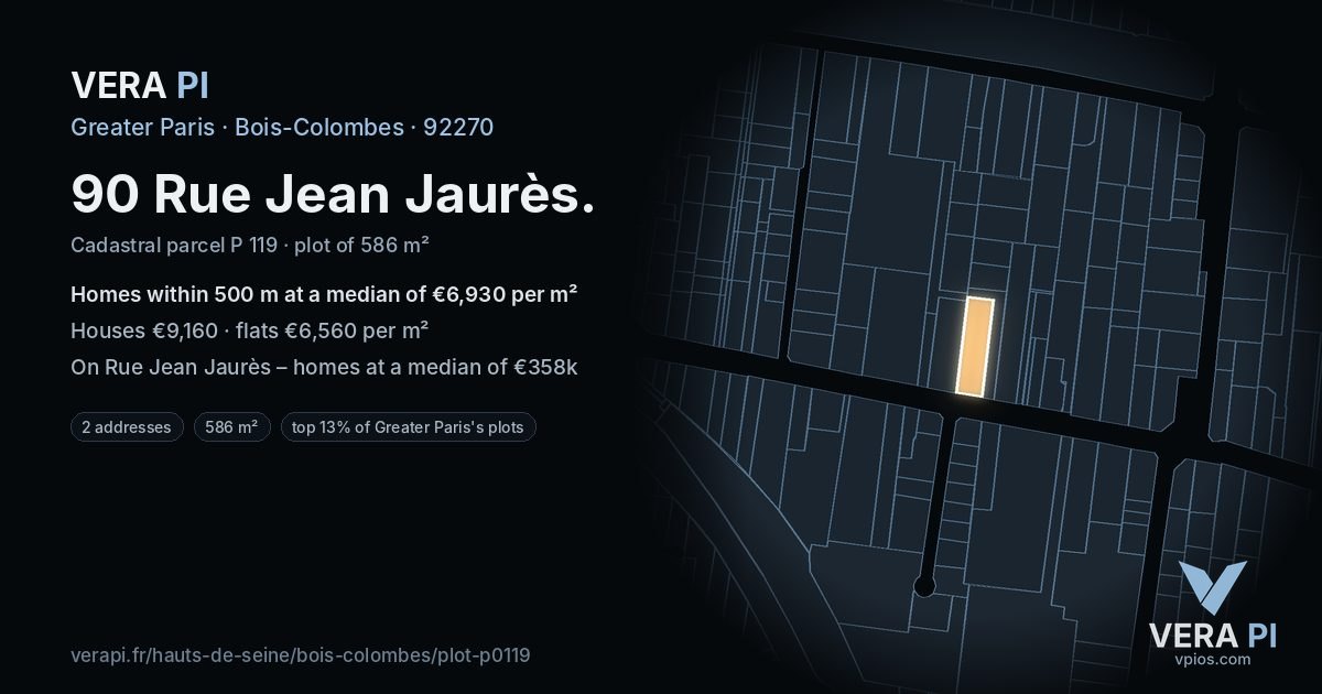 90 Rue Jean Jaurès, Bois-Colombes at night – the plot lit, the parcels around coloured by the prices near them