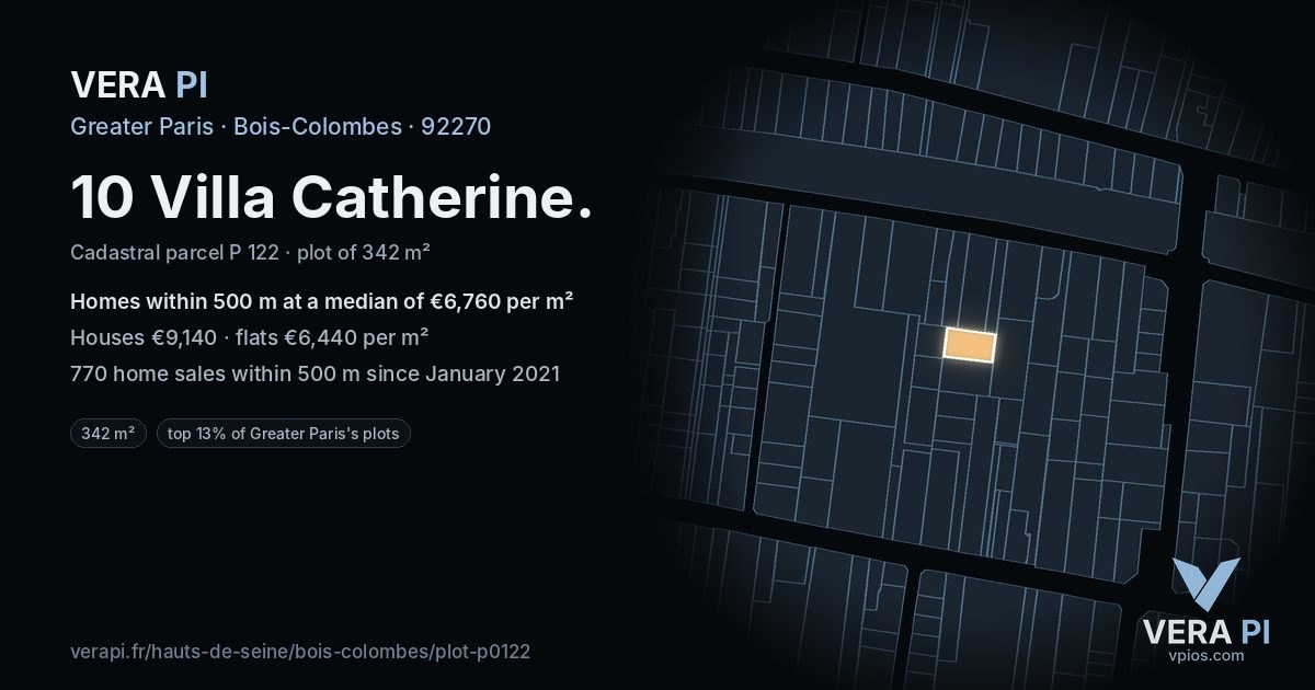 10 Villa Catherine, Bois-Colombes at night – the plot lit, the parcels around coloured by the prices near them