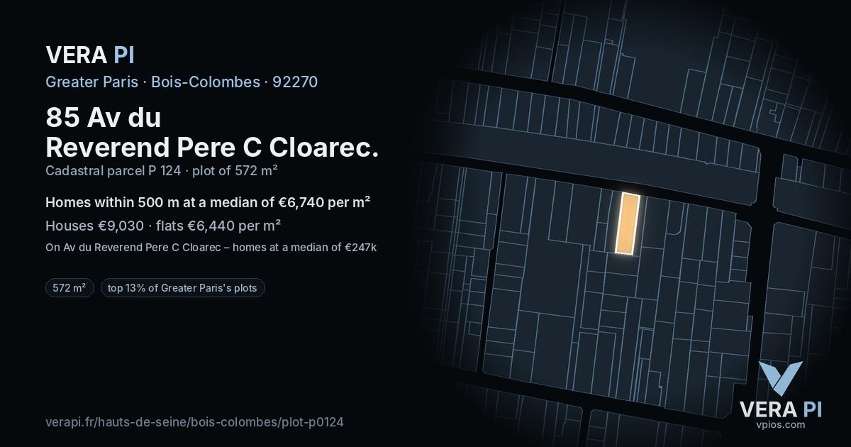 85 Av du Reverend Pere C Cloarec, Bois-Colombes at night – the plot lit, the parcels around coloured by the prices near them