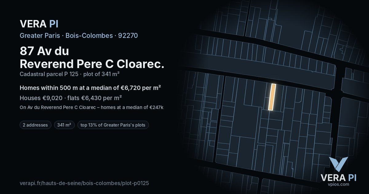 87 Av du Reverend Pere C Cloarec, Bois-Colombes at night – the plot lit, the parcels around coloured by the prices near them
