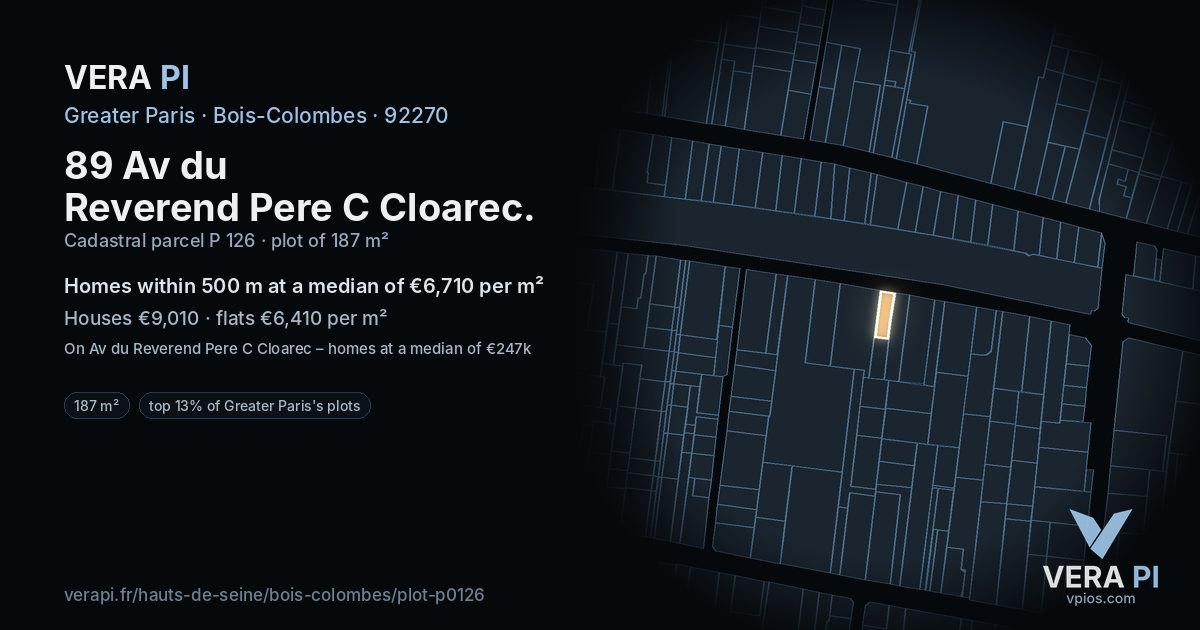 89 Av du Reverend Pere C Cloarec, Bois-Colombes at night – the plot lit, the parcels around coloured by the prices near them