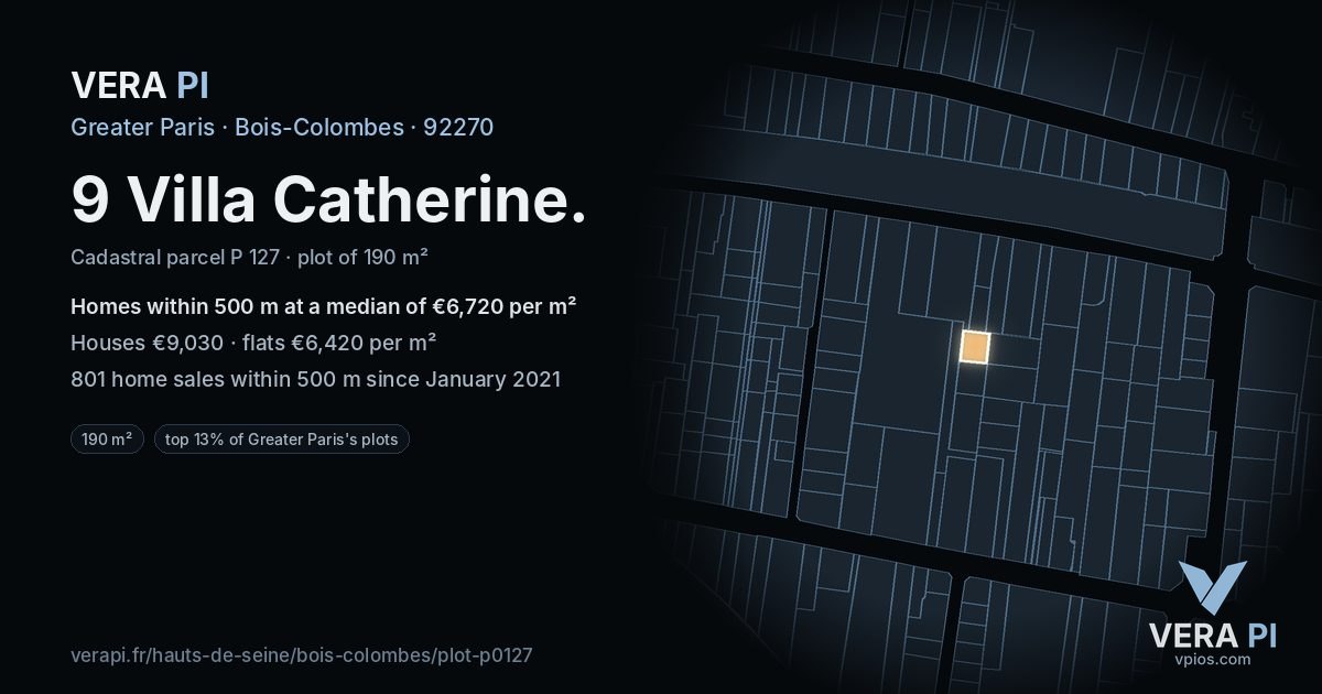 9 Villa Catherine, Bois-Colombes at night – the plot lit, the parcels around coloured by the prices near them