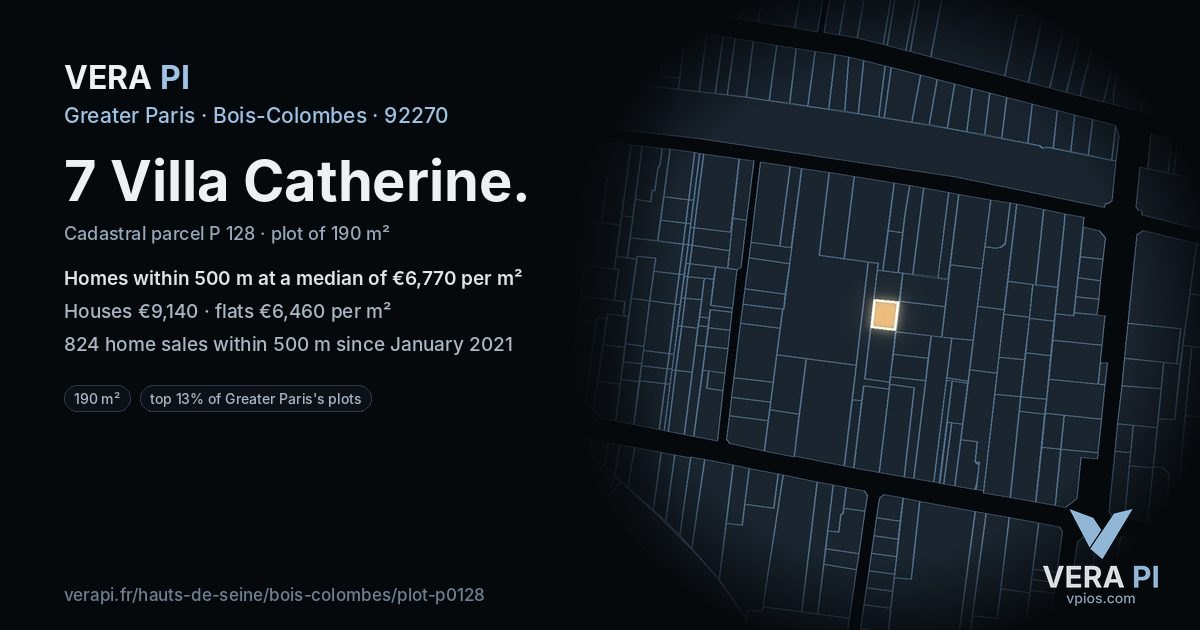 7 Villa Catherine, Bois-Colombes at night – the plot lit, the parcels around coloured by the prices near them