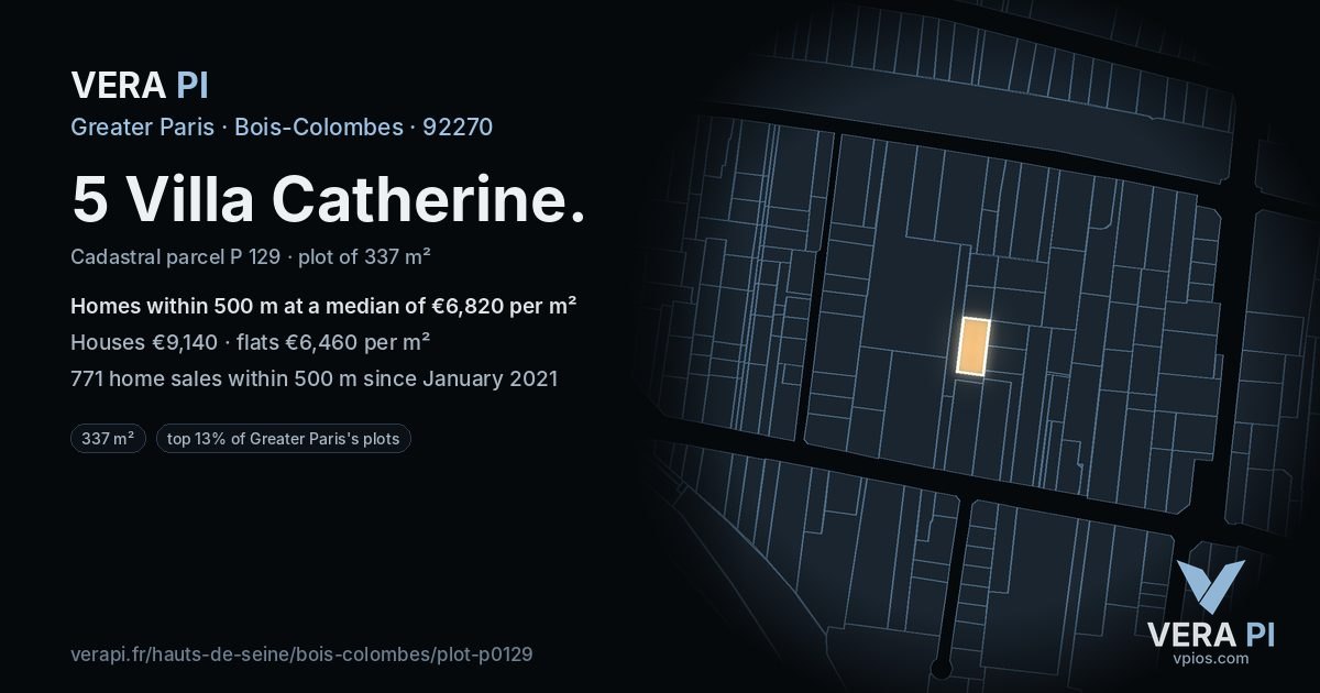 5 Villa Catherine, Bois-Colombes at night – the plot lit, the parcels around coloured by the prices near them