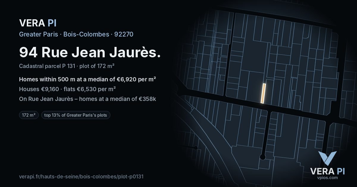 94 Rue Jean Jaurès, Bois-Colombes at night – the plot lit, the parcels around coloured by the prices near them