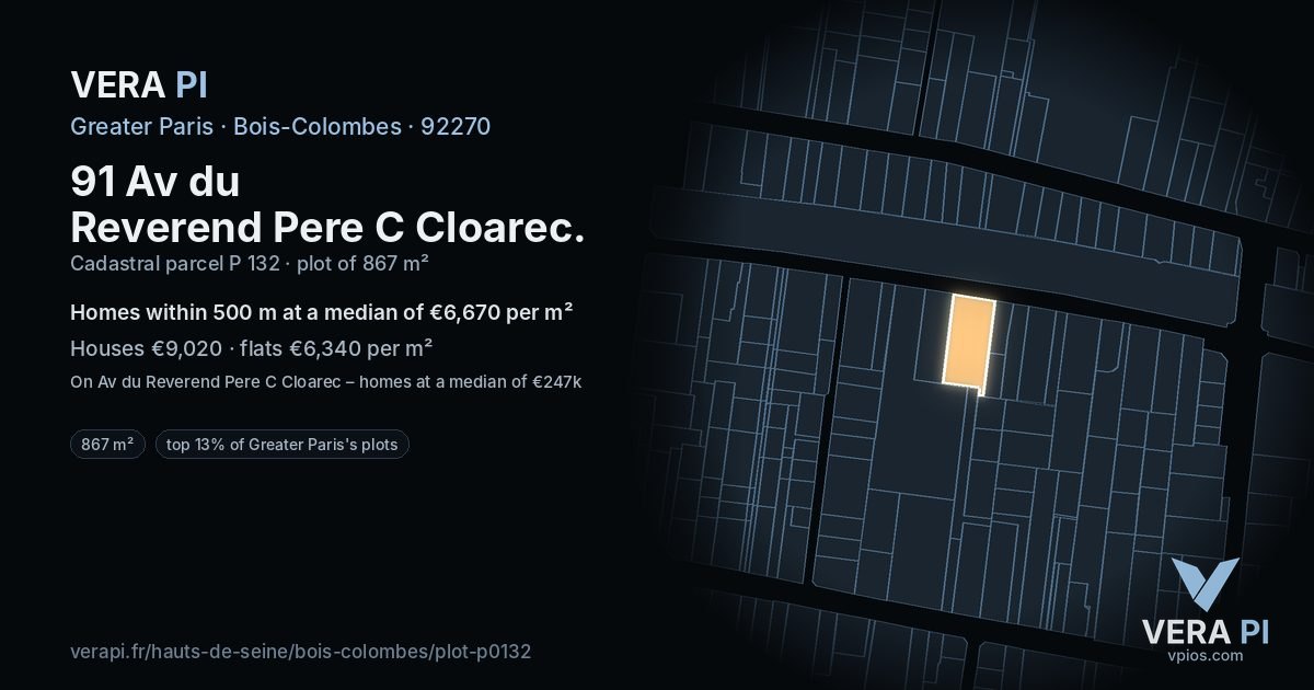91 Av du Reverend Pere C Cloarec, Bois-Colombes at night – the plot lit, the parcels around coloured by the prices near them