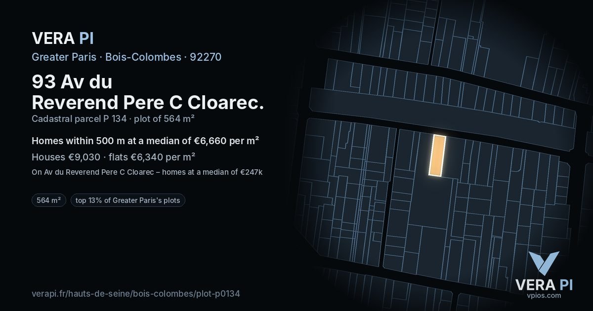 93 Av du Reverend Pere C Cloarec, Bois-Colombes at night – the plot lit, the parcels around coloured by the prices near them