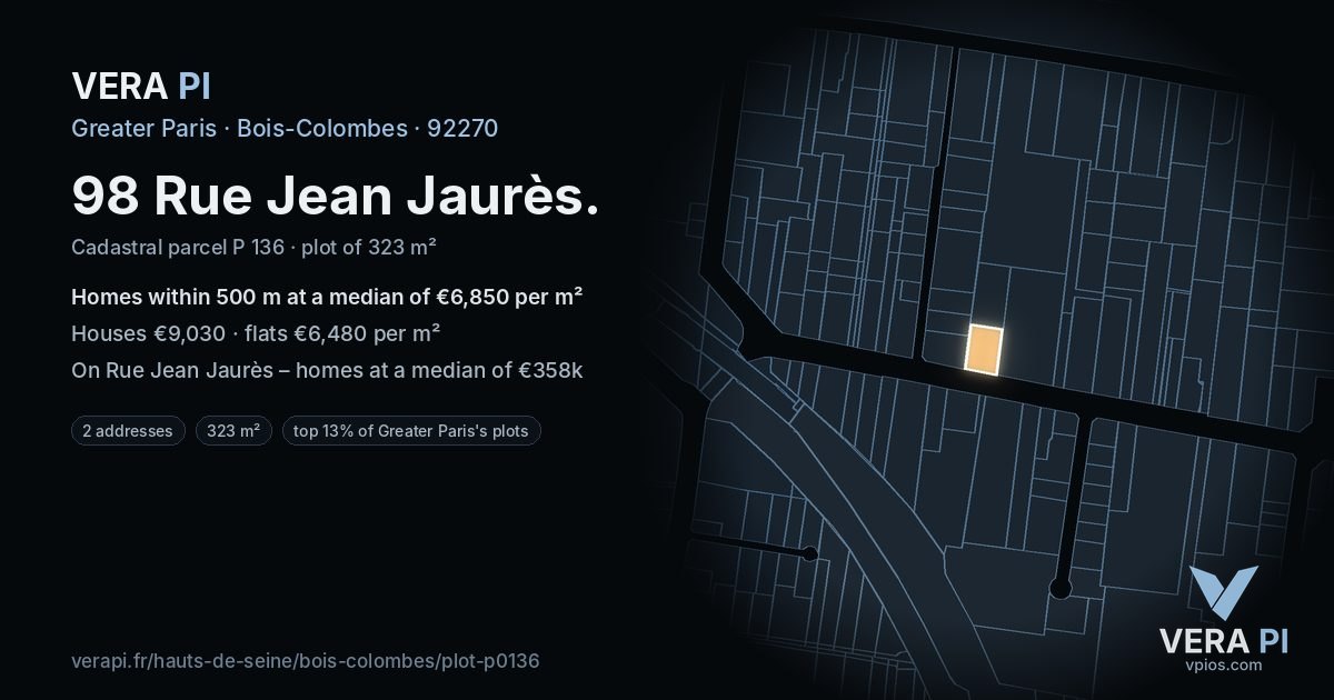 98 Rue Jean Jaurès, Bois-Colombes at night – the plot lit, the parcels around coloured by the prices near them