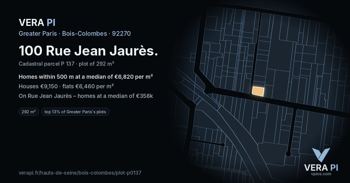 100 Rue Jean Jaurès, Bois-Colombes at night – the plot lit, the parcels around coloured by the prices near them