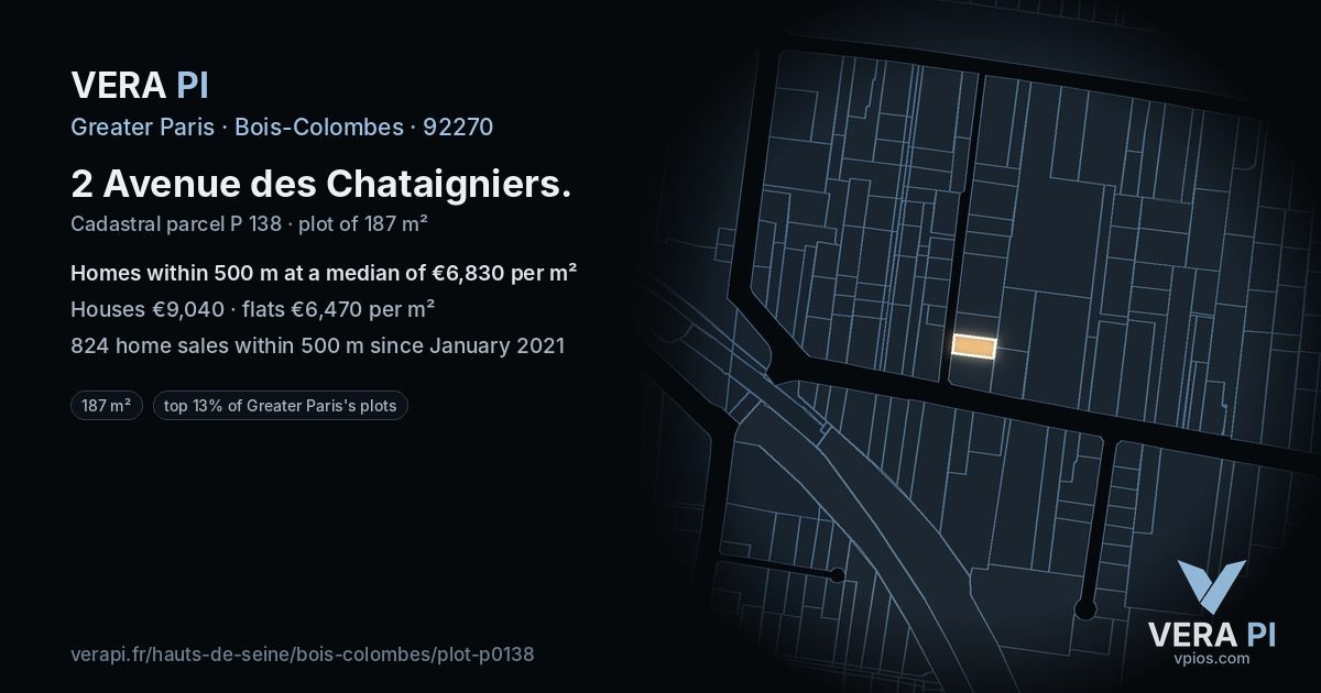 2 Avenue des Chataigniers, Bois-Colombes at night – the plot lit, the parcels around coloured by the prices near them
