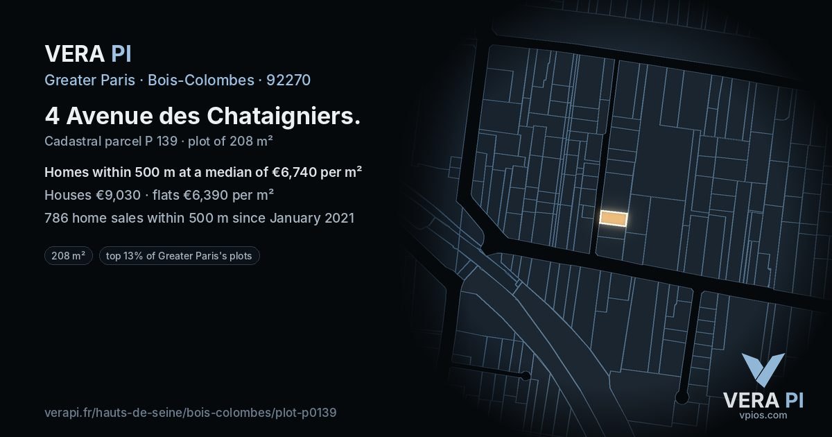 4 Avenue des Chataigniers, Bois-Colombes at night – the plot lit, the parcels around coloured by the prices near them
