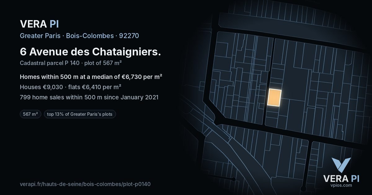 6 Avenue des Chataigniers, Bois-Colombes at night – the plot lit, the parcels around coloured by the prices near them
