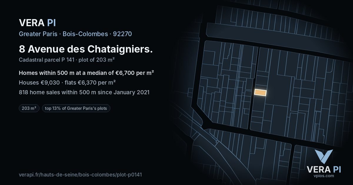 8 Avenue des Chataigniers, Bois-Colombes at night – the plot lit, the parcels around coloured by the prices near them