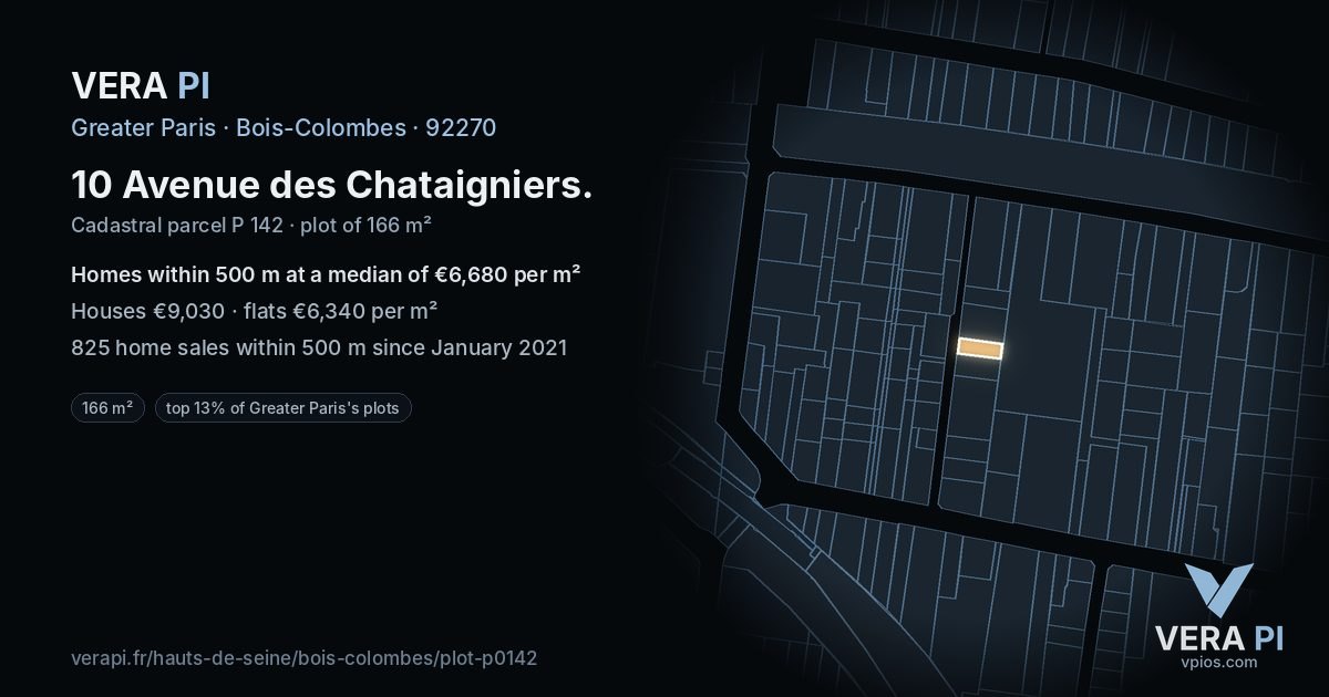 10 Avenue des Chataigniers, Bois-Colombes at night – the plot lit, the parcels around coloured by the prices near them