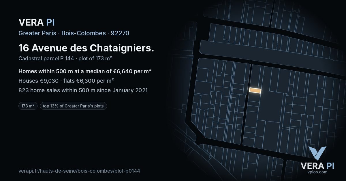 16 Avenue des Chataigniers, Bois-Colombes at night – the plot lit, the parcels around coloured by the prices near them