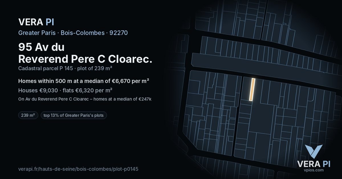 95 Av du Reverend Pere C Cloarec, Bois-Colombes at night – the plot lit, the parcels around coloured by the prices near them