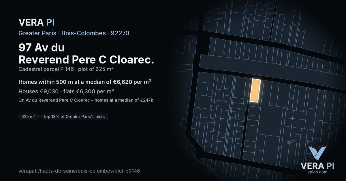 97 Av du Reverend Pere C Cloarec, Bois-Colombes at night – the plot lit, the parcels around coloured by the prices near them