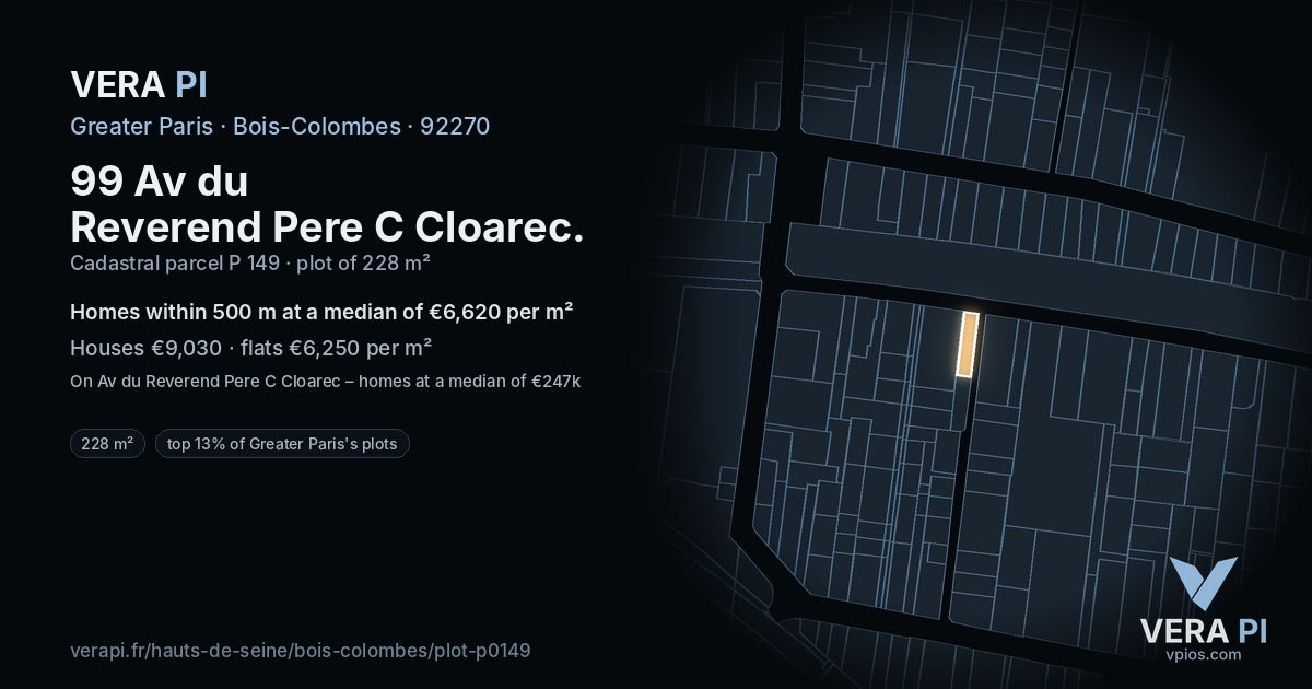 99 Av du Reverend Pere C Cloarec, Bois-Colombes at night – the plot lit, the parcels around coloured by the prices near them