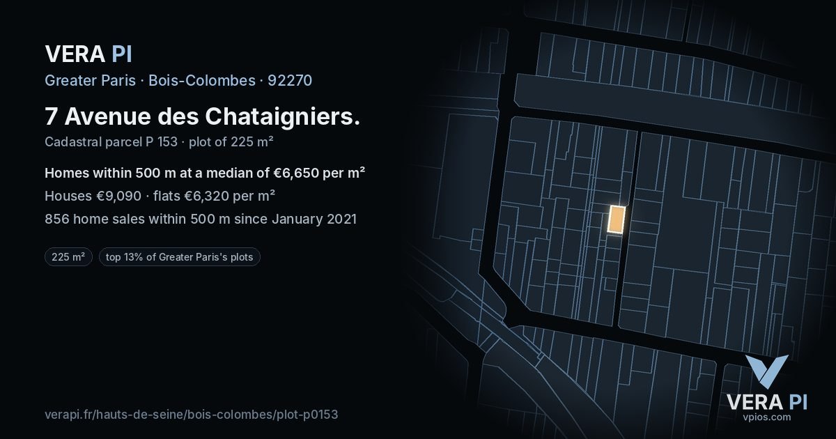 7 Avenue des Chataigniers, Bois-Colombes at night – the plot lit, the parcels around coloured by the prices near them