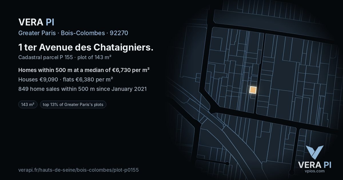 1 ter Avenue des Chataigniers, Bois-Colombes at night – the plot lit, the parcels around coloured by the prices near them