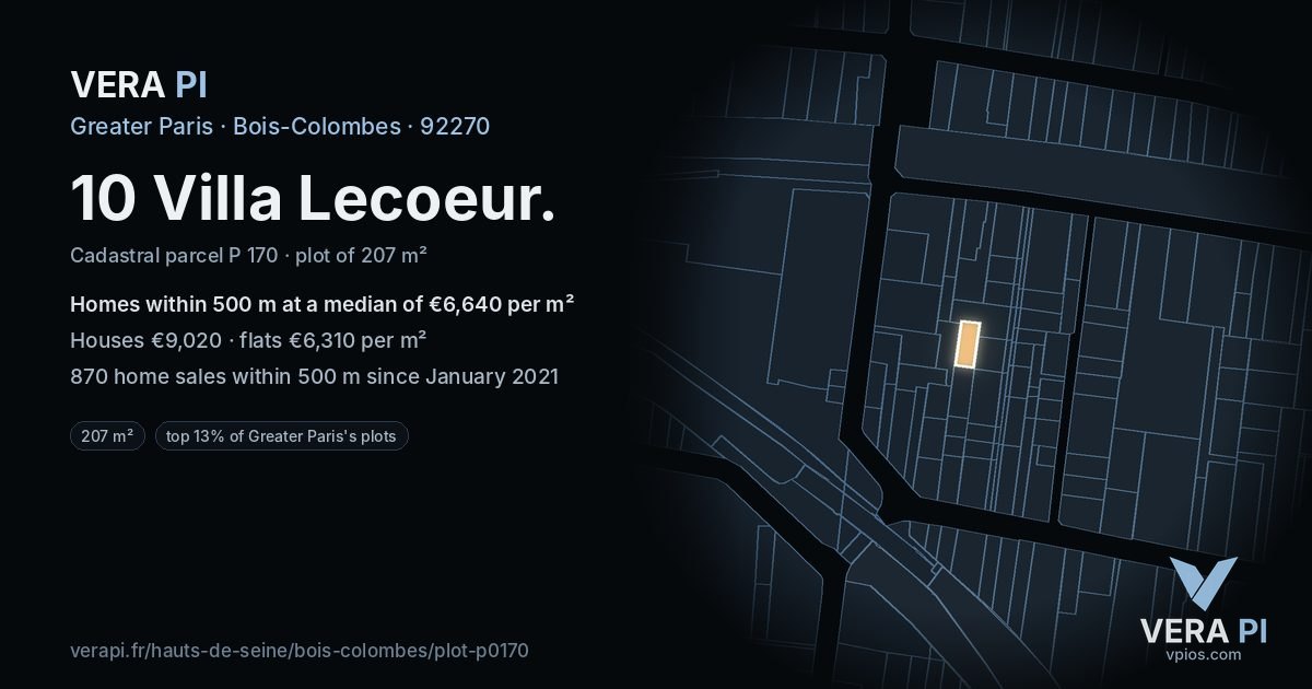 10 Villa Lecoeur, Bois-Colombes at night – the plot lit, the parcels around coloured by the prices near them