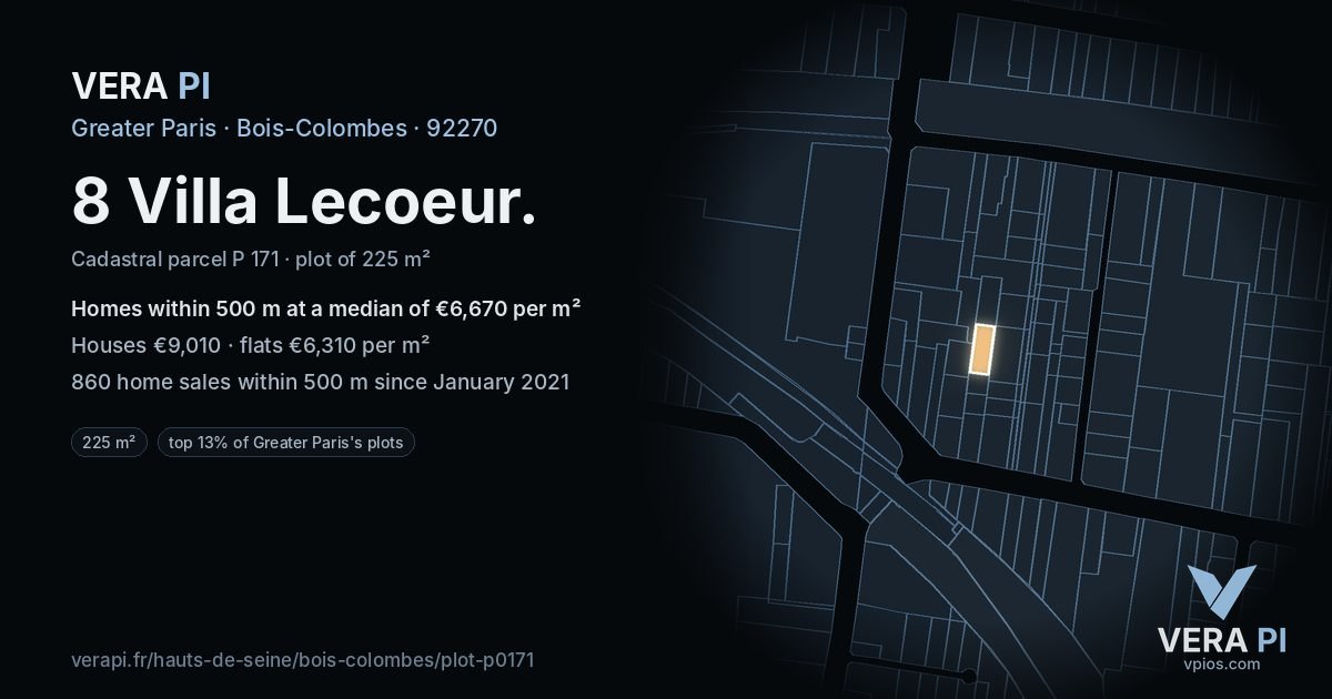 8 Villa Lecoeur, Bois-Colombes at night – the plot lit, the parcels around coloured by the prices near them
