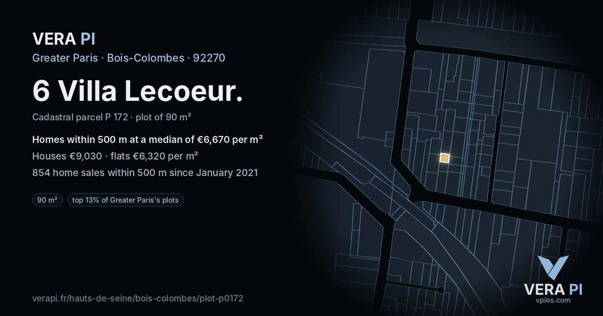 6 Villa Lecoeur, Bois-Colombes at night – the plot lit, the parcels around coloured by the prices near them