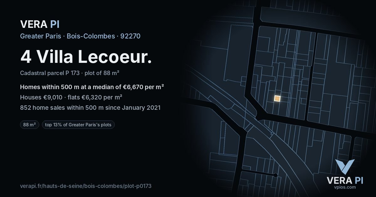 4 Villa Lecoeur, Bois-Colombes at night – the plot lit, the parcels around coloured by the prices near them