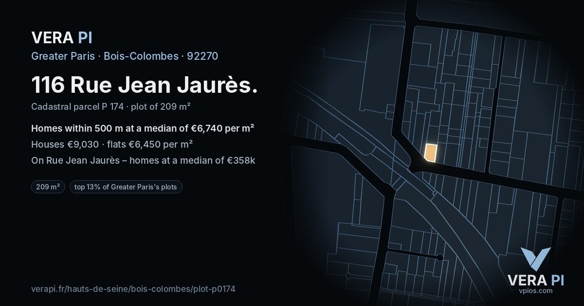 116 Rue Jean Jaurès, Bois-Colombes at night – the plot lit, the parcels around coloured by the prices near them