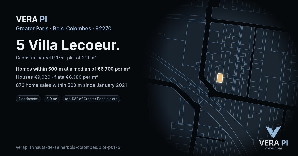 5 Villa Lecoeur, Bois-Colombes at night – the plot lit, the parcels around coloured by the prices near them