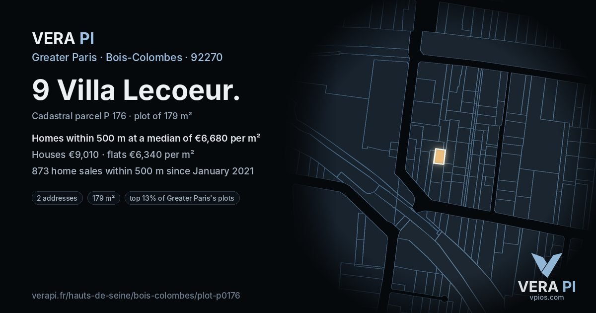 9 Villa Lecoeur, Bois-Colombes at night – the plot lit, the parcels around coloured by the prices near them