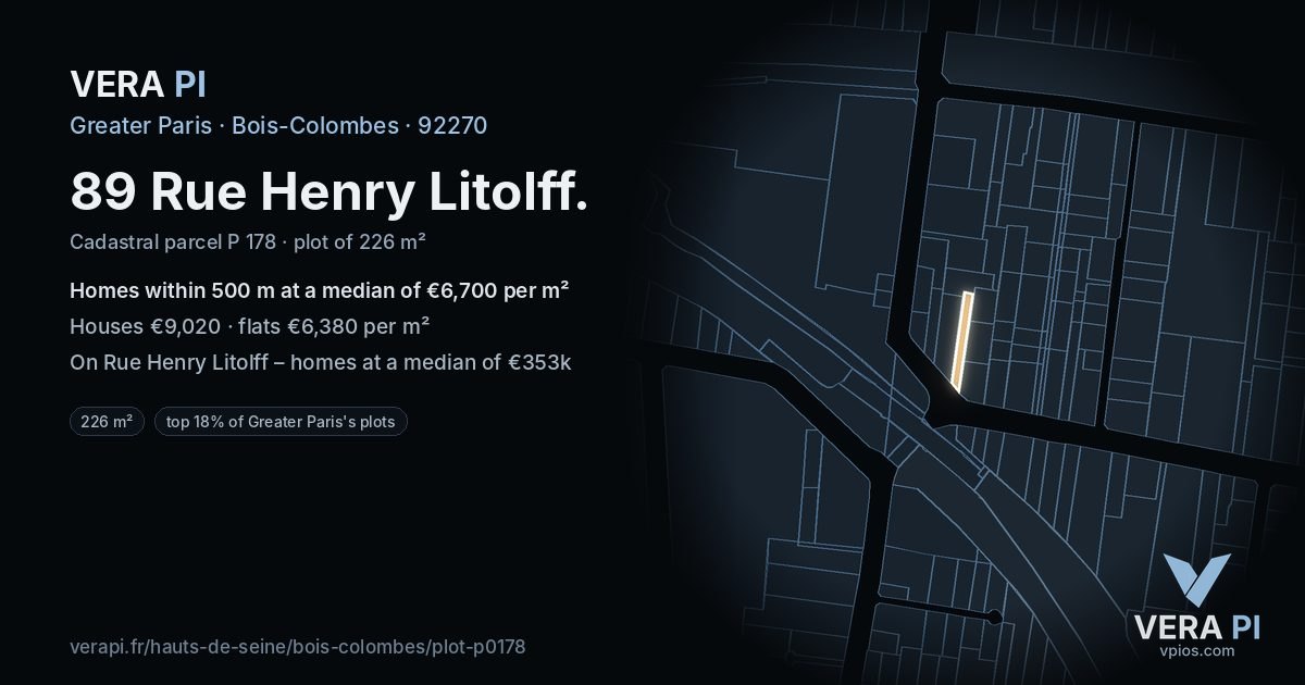 89 Rue Henry Litolff, Bois-Colombes at night – the plot lit, the parcels around coloured by the prices near them