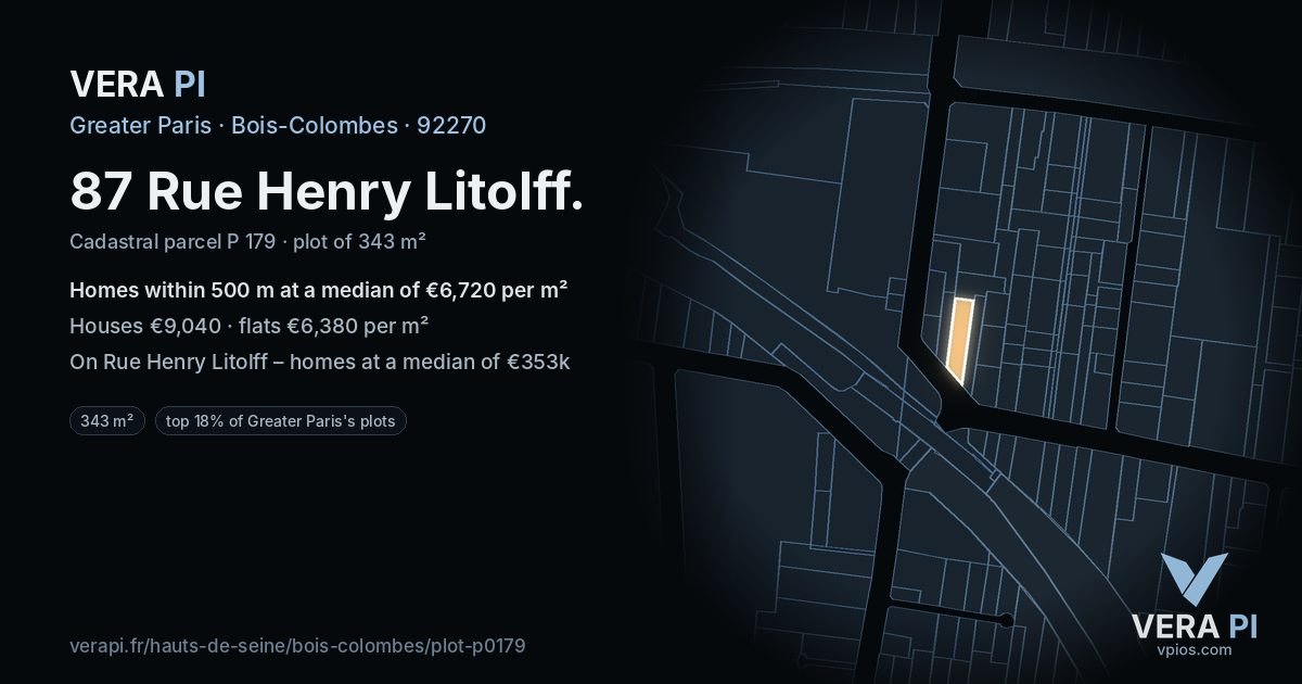 87 Rue Henry Litolff, Bois-Colombes at night – the plot lit, the parcels around coloured by the prices near them