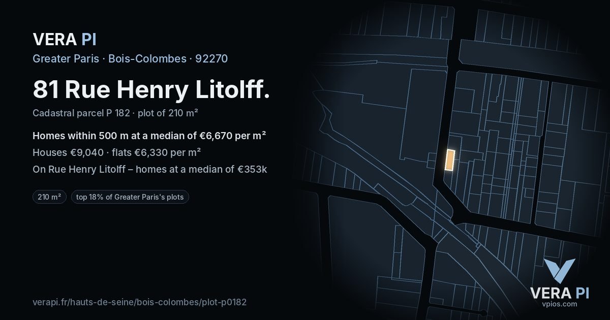 81 Rue Henry Litolff, Bois-Colombes at night – the plot lit, the parcels around coloured by the prices near them