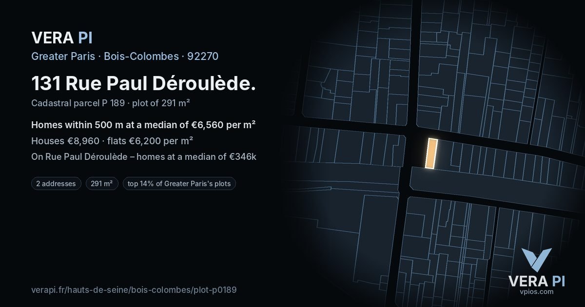 131 Rue Paul Déroulède, Bois-Colombes at night – the plot lit, the parcels around coloured by the prices near them