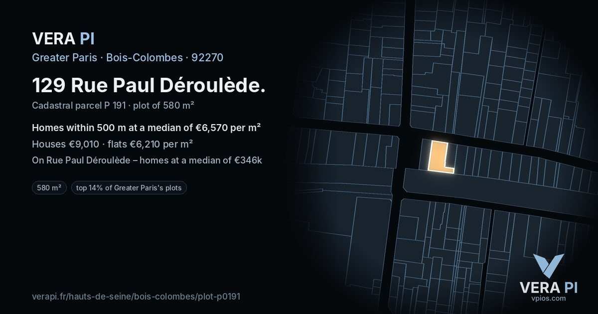 129 Rue Paul Déroulède, Bois-Colombes at night – the plot lit, the parcels around coloured by the prices near them