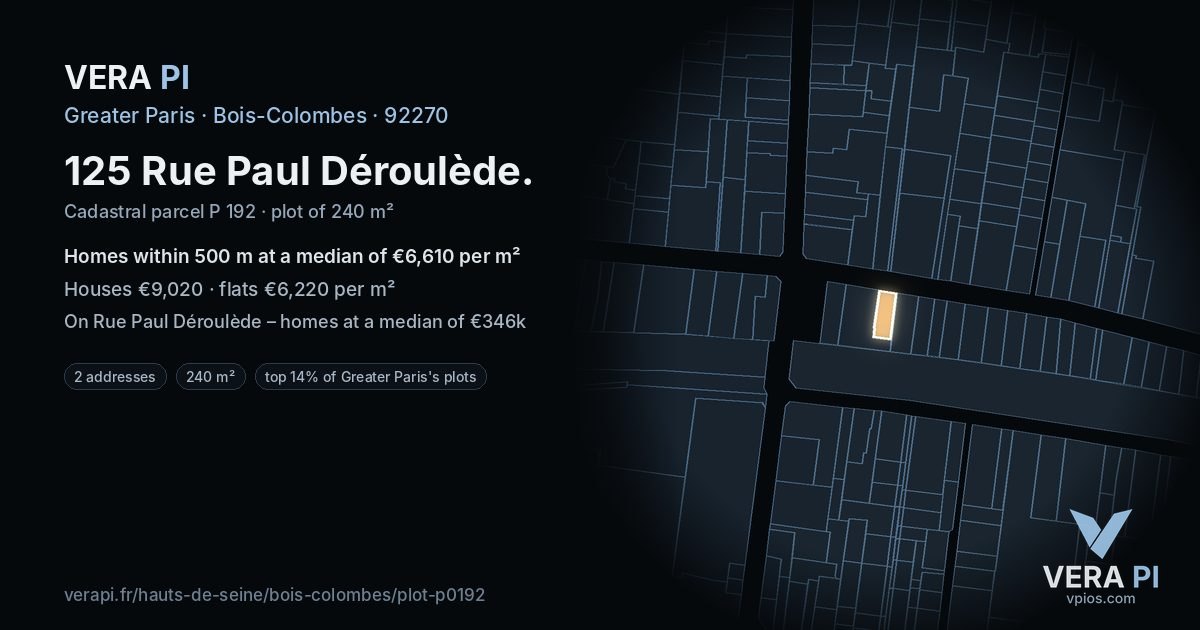 125 Rue Paul Déroulède, Bois-Colombes at night – the plot lit, the parcels around coloured by the prices near them