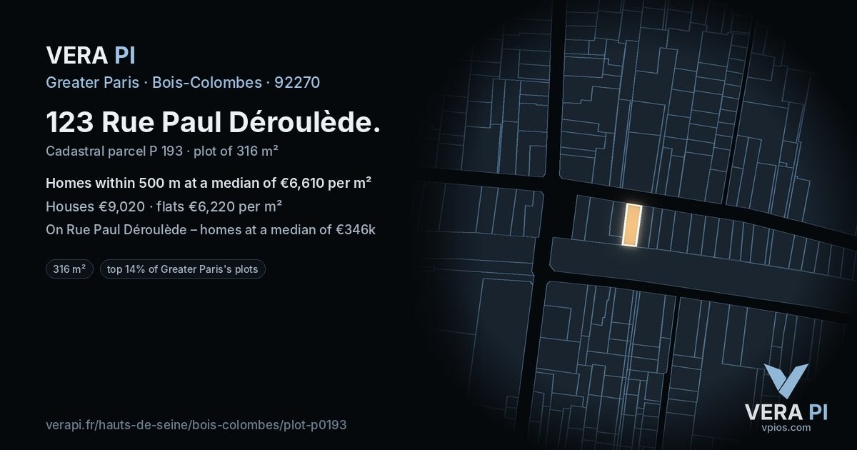 123 Rue Paul Déroulède, Bois-Colombes at night – the plot lit, the parcels around coloured by the prices near them